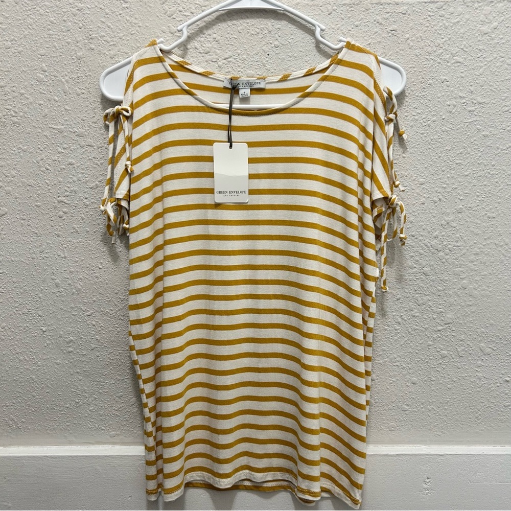 Green Envelope Mustard Yellow and White Tie Sleeve Top NWT Small